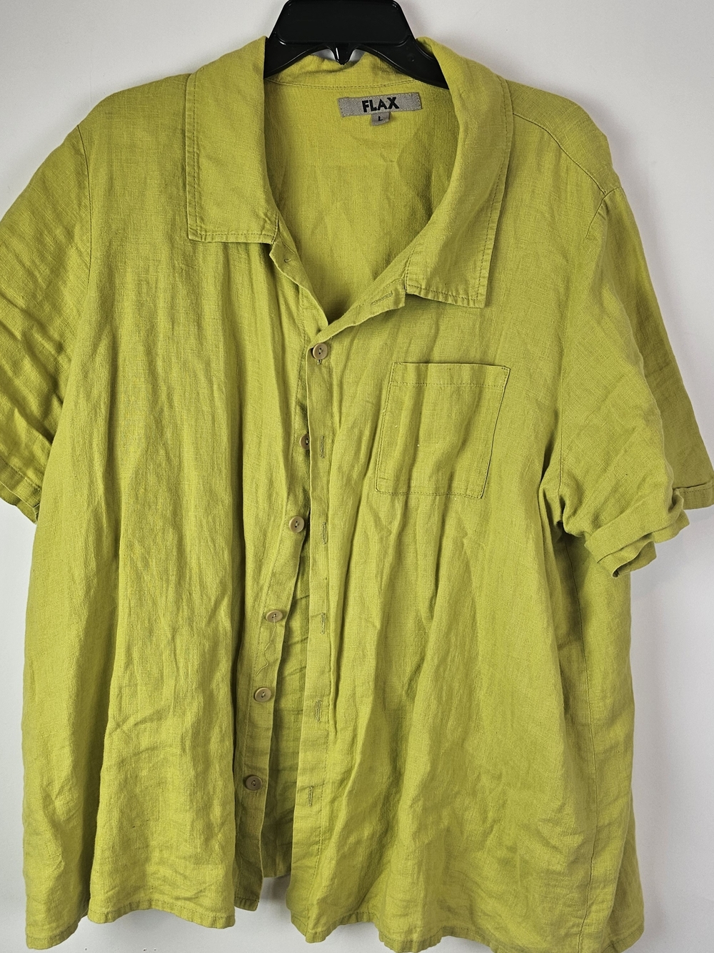FLAX 100% Linen Short Sleeve Button Shirt Green Large Vacation Beach Boho Coast